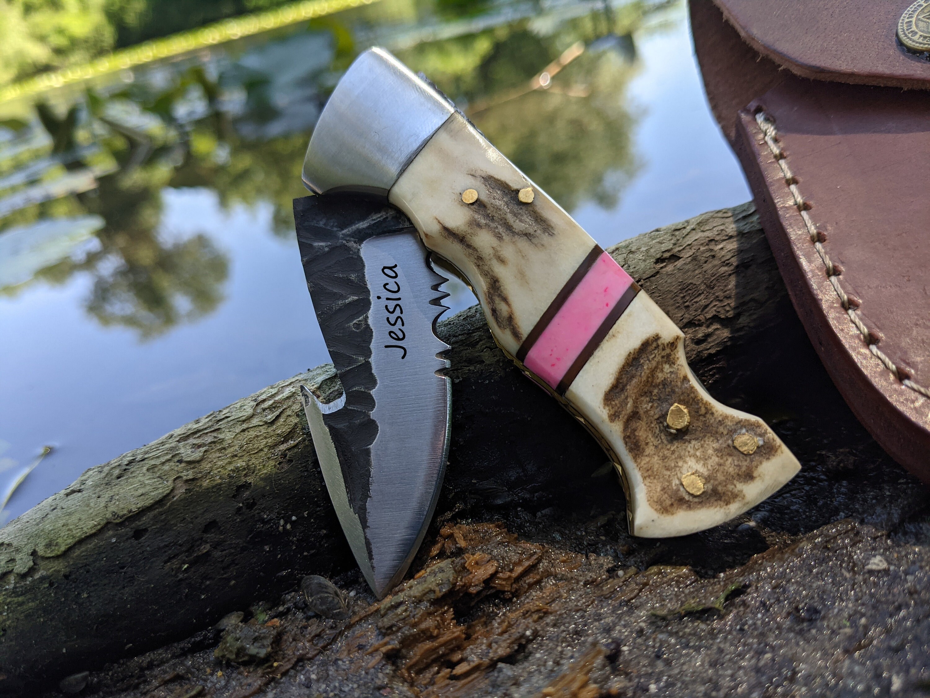 Engraved Pocket Knife Deer Antler Knife Pink Coral Folding Etsy