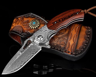 Engraved VG10 Damascus Folding Knife | Personalized Pocket Knife | Rose Wood Handle Knife | Wedding Husband Anniversary Father Gift VP99