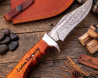 Personalized Damascus Hunting Knife: Engraved Burlwood Handle, Leather Sheath