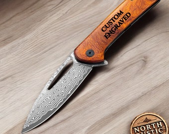 Engraved Damascus Folding Knife, Rosewood Handle, Anniversary Gift