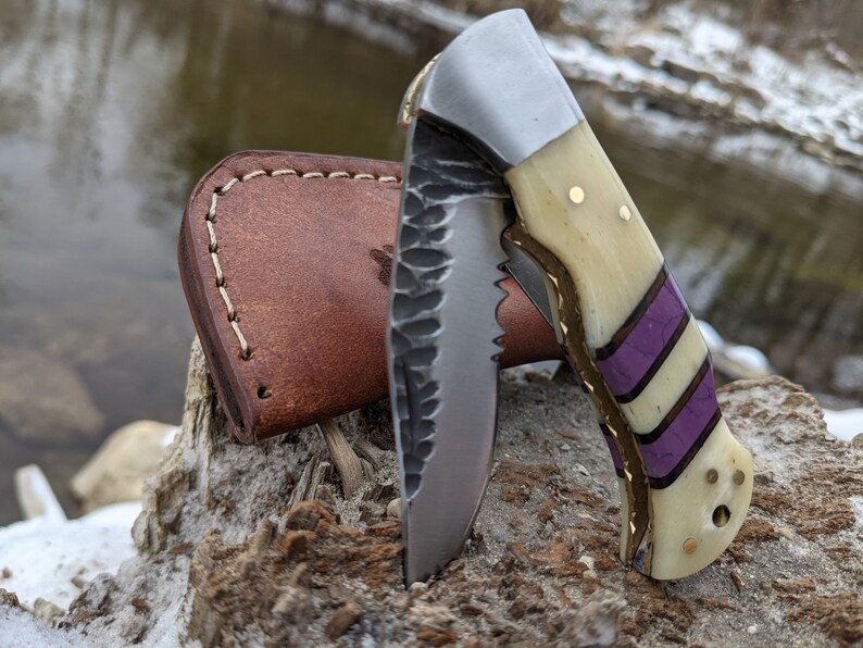 Engraved Pocket Knife Buffalo Bone Knife Purple Coral Etsy