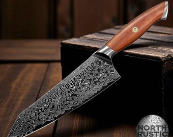 Engraved Damascus Kiritsuke Chef Knife, Walnut Wood Handle