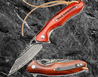 Engraved Damascus Pocket Knife Gift, Personalized Folding Knife, Rose Wood Handle Knife, Custom Father Husband Boyfriend Gift | VP61