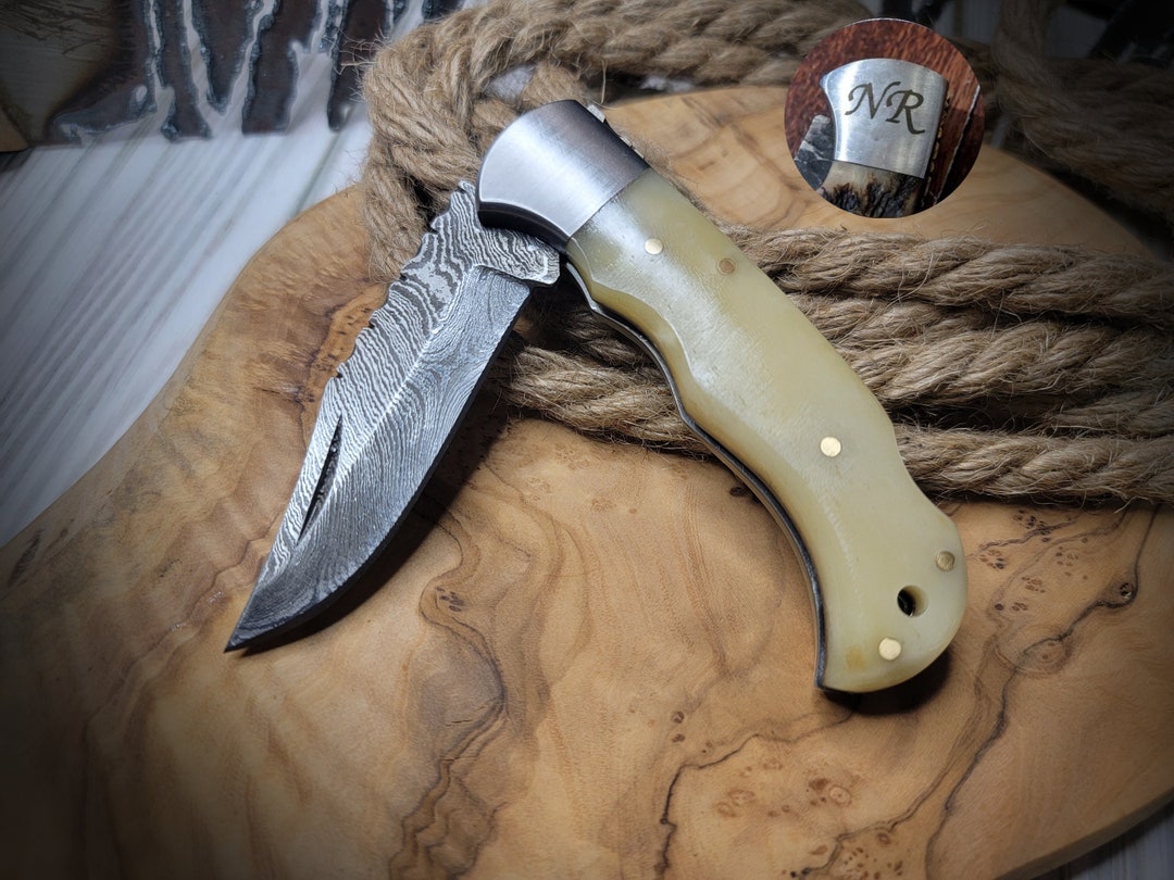 Handmade Damascus Steel Pocket Knife with Bone Handle