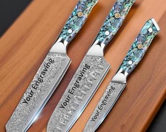 Damascus VG10 Chef Knife Set: Kiritsuke, Santoku & Paring Knives - Abalone Resin Handle