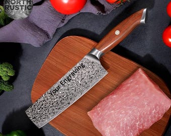 Engraved Damascus Nakiri Chef Knife, Rosewood Handle, Kitchen Knife