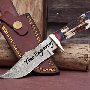 Engraved Damascus Antler Hunting Knife – Custom Personalized Knife – Unique Groomsmen Gift, Fathers Day, Wedding Gifts, Collectible Knife