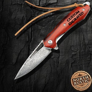 Unique Engraved Damascus Folding Pocket Knife, Husband Gift For Anniversary, Groomsmen Wedding Gifts, Custom Gift For Dad