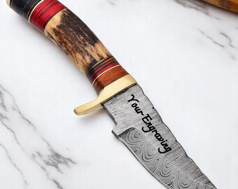 Engraved Damascus Hunting Knife – Antler Stag Horn Handle, Leather Sheath