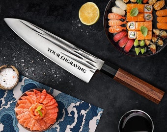 Personalized Chef Knife, Engraved Stainless Steel Culinary Knife, Rosewood Handle (8-inch)
