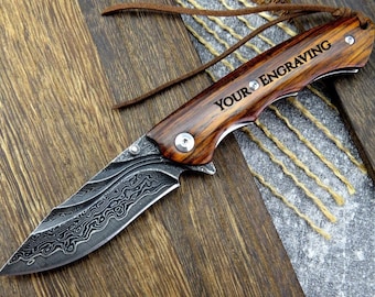 Engraved Damascus Folding Knife | Rosewood Handle, Personalized Pocket Knife