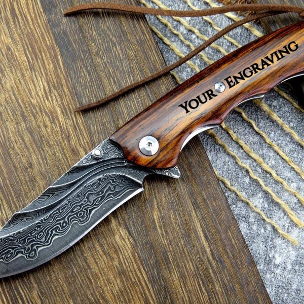 Engraved VG10 Damascus Folding Knife | Personalized Pocket Knife | Rose Wood Handle Knife | Wedding Husband Anniversary Father Gift | VP15