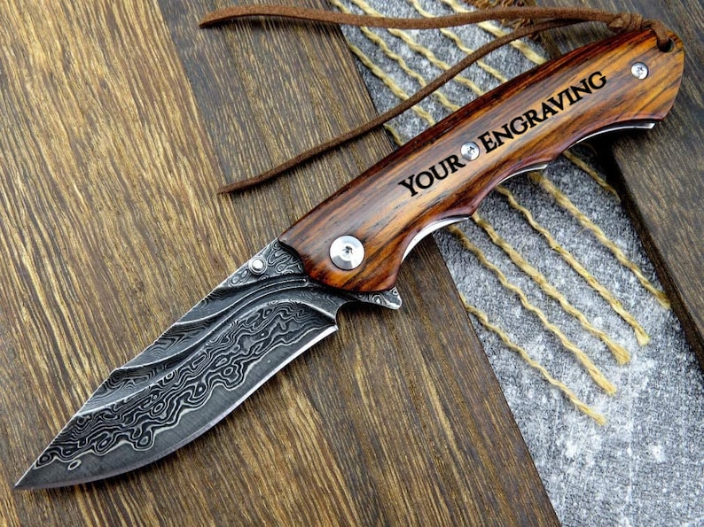Engraved VG10 Damascus Folding Knife Personalized Pocket Knife Rose Wood Handle Knife Wedding Husband Anniversary Father Gift VP15 image 1