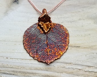 Iridescent Copper Dipped Real Aspen Leaf Necklace Pendant Outdoor Rustic Nature Earth Jewelry Tree Plant (N234)