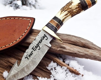 Engraved Damascus Hunting Knife, Antler Handle, Personalized Gift