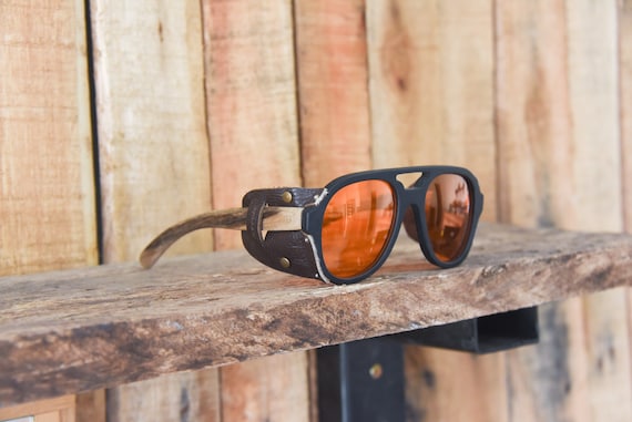 Handcrafted Black Matte Acetate and Wood Aviator Style Sunglasses With Leather Sideshields for Men. Amber Tinted Lenses. Steampunk Style. Etsy