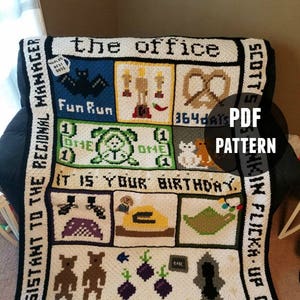 May include: A white crochet blanket with black borders featuring various scenes from the TV show "The Office". The scenes include a bat, a pretzel, a turtle, a cat, a bear, and a beet. The text "Assistant to the Regional Manager", "Fun Run", "364 days", "It is your birthday", "Scott's Tots", "That's what she said", and "The Office" are also included on the blanket.