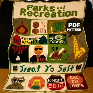 May include: A crochet blanket featuring characters and phrases from the TV show "Parks and Recreation". The blanket is white with green, red, yellow, and blue accents. The text "Parks and Recreation" is at the top of the blanket. The text "Treat Yo Self" is in the center of the blanket. The text "Cal Eh Times" is in the bottom right corner of the blanket. The text "Knope 2012" is in the bottom center of the blanket.