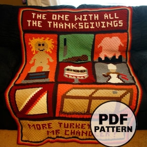 Peut inclure: Une couverture en crochet sur le thème de Thanksgiving de la série Friends. La couverture présente diverses scènes de la série, notamment la dinde emblématique, le fameux trifle et l'épisode célèbre 'celui avec tous les Thanksgivings'. La couverture est réalisée avec une variété de couleurs, notamment le rouge, l'orange, le brun et le vert. Cette couverture est idéale pour tout fan de Friends.