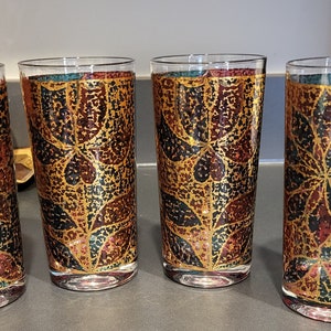 4 GEORGES BRIARD hiball glasses Floral flower tulip Green Gold Red