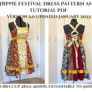 Hippie Festival Dress PDF Pattern and Tutorial Printable Pattern Multiple Sizes in One, XXSAA-XLDDD