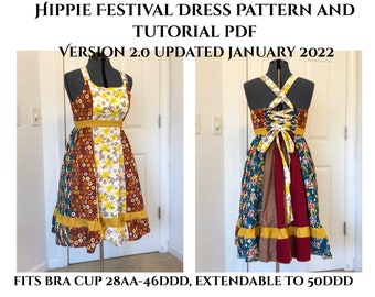 Hippie Festival Dress PDF Pattern and Tutorial Printable Pattern Multiple Sizes in One, XXSAA-XLDDD