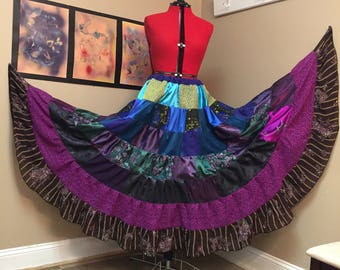 Plum Decadence Formal Patchwork Tier Hippie Skirt - Chiffon Lace Satin Brocade Boho Gipsy Maxi Spinner Skirt 314 Inch Spin