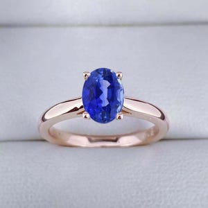 1.5ct blue sapphire engagement ring | Solitaire engagement ring | Oval gemstone four prongs setting ring | Smooth low profile vintage ring
