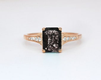 Emerald Cut Salt and Pepper Diamond Ring | Rose Gold Emerald Cut Salt & Pepper Diamond Engagement Ring