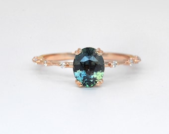 Anillo Art Déco con zafiro y diamante: anillo vintage ovalado, regalo verde azulado hecho a mano para madre, esposa o hermana.