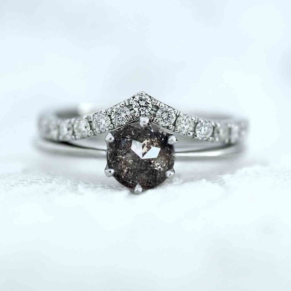 Natural Round Salt and Pepper Diamond Engagement Ring and Diamond Wedding Band Set | Dainty Ring in White Gold | Curved Natural Diamond Band