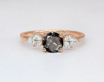 Art Deco Grey Moissanite Diamond Ring: Solid Gold Bridal Promise