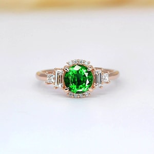 Vivid green tsavorite and diamond cluster ring | Natural tsavorite and baguette diamond ring | Green garnet rose gold engagement ring