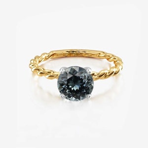 Gray Moissanite Twisted Engagement Ring: Art Deco Bi-Metal Gold Ring