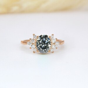 Grey moissanite high engagement ring | Moissanite and diamond featuring cluster ring | Oval Moissanite and marquise diamond bespoke ring