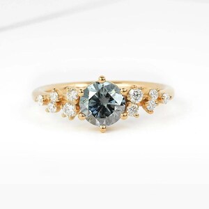 Grey Moissanite and Diamond Art deco Cluster Ring | Grey Moissanite Multi-Stone Ring | Diamond Cluster Ring in 9k/14k/18k in Rose Gold