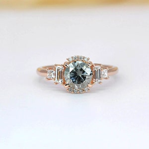 Grey Moissanite Engagement Ring: Diamond Bridal Cluster, Rose Gold Art Deco