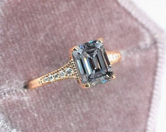 Emerald Cut Grey Moissanite Engagement Ring: Art Deco Diamond Ring