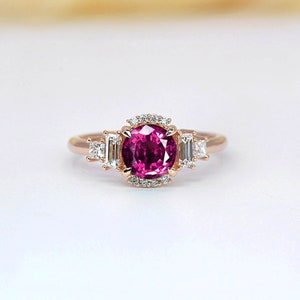 Hot pink sapphire diamond cluster ring | Natural pink sapphire and baguette diamond ring | Ethical pink sapphire rose gold engagement ring