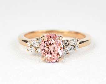 Oval Peach Sapphire and Diamond Ring | Peach Sapphire Ring | Light Pink Sapphire Engagement Ring | Wedding bridal Dainty Rose Gold Ring