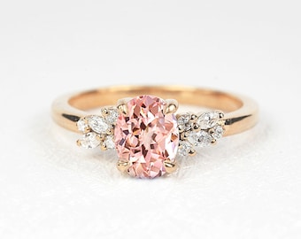 Anillo de diamantes y zafiro de melocotón ovalado / Anillo de zafiro de melocotón / Anillo de compromiso de zafiro rosa claro / Anillo de oro rosa delicado nupcial de boda