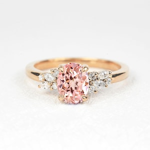 Oval Peach Sapphire and Diamond Ring | Peach Sapphire Ring | Light Pink Sapphire Engagement Ring | Wedding bridal Dainty Rose Gold Ring
