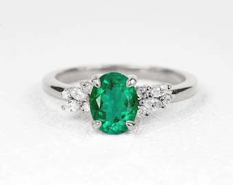 Emerald Art deco Engagement Ring | Oval Emerald Cluster Ring | Vintage Wedding bridal Dainty Ring | 9k/14k/18k White Gold Anniversary Ring