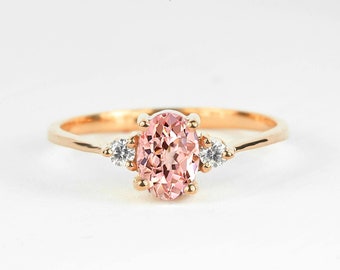 Peach Sapphire Art deco Ring | Halo Peach Sapphire and Diamond Engagement Ring | wedding Bridal Anniversary Ring | Multi-stone Ring for her