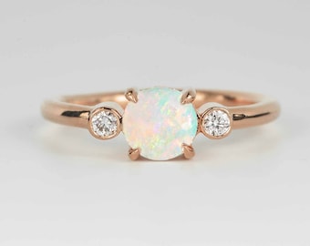 Opal Engagement Ring | Dainty Opal and Diamond Anniversary Ring | Round Diamond Bridal Promise Art Deco Ring | White Opal Luxury Unique Ring