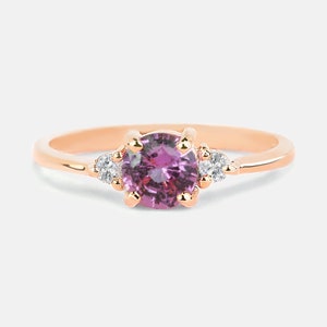 Natural Pink Sapphire Ring, Rose Gold Engagement Ring, Round Pink Sapphire & Diamond Ring, Dainty Pink Saphire  Engagement Ring