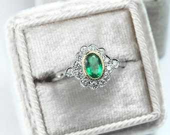 Emerald Ring in 950 Platinum-Emerald and Diamond Cluster Ring-Art Deco Vintage Inspired Diamond Ring-Handmade-Ready to Ship-FREE SHIPPING