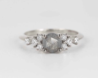 Salt and Pepper Diamond Engagement Ring | Grey Diamond and Princess Cut Diamond Art deco Ring | Wedding Bridal Anniversary Ring White Gold