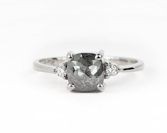 Cushion Cut Diamond Ring-Rose Cut Diamond Engagement Ring-Salt and Pepper Diamond Ring-Dainty Engagement Ring-White Gold Diamond Ring