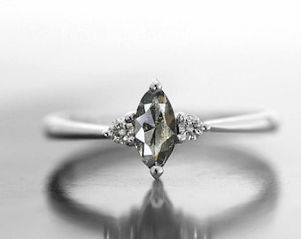 Marquise Salt and Pepper Diamond and Round Diamond Three Stones Ring | Art deco Minimalist Ring | Diamond Engagement Ring | Anniversary Ring